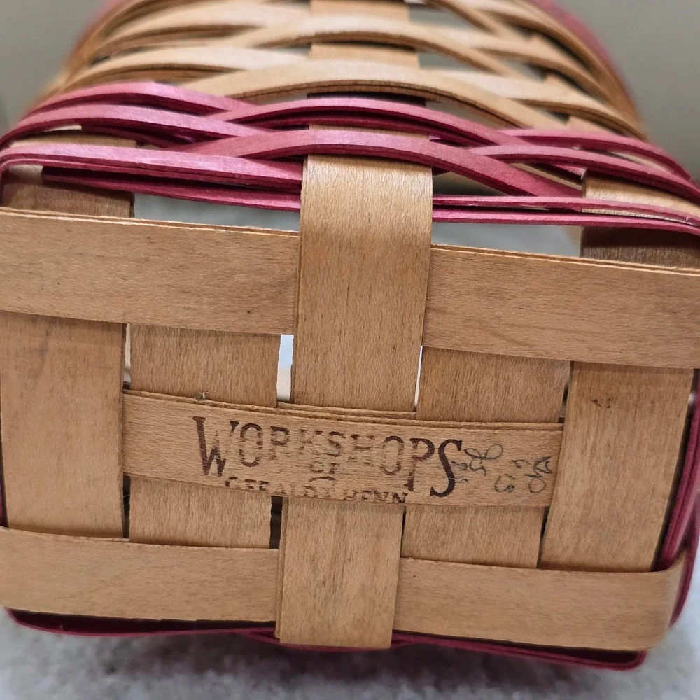 Vintage Workshops of Gerald E Henn Handwoven Wood Basket Red Trim Small Accent